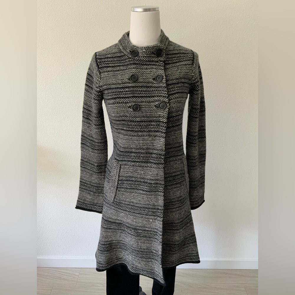 French Connection Black and White Striped Double-breasted Midi-length Cardigan